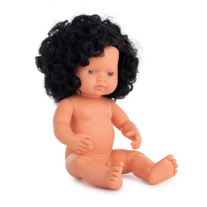 Miniland Doll - Anatomically Correct Baby, Black Curly Hair Caucasian Girl, 38 cm
