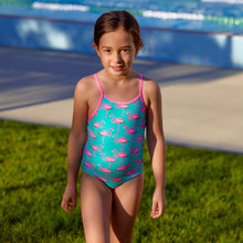 Load image into Gallery viewer, Toddler Girl's Printed One Piece Go Flamingo!

