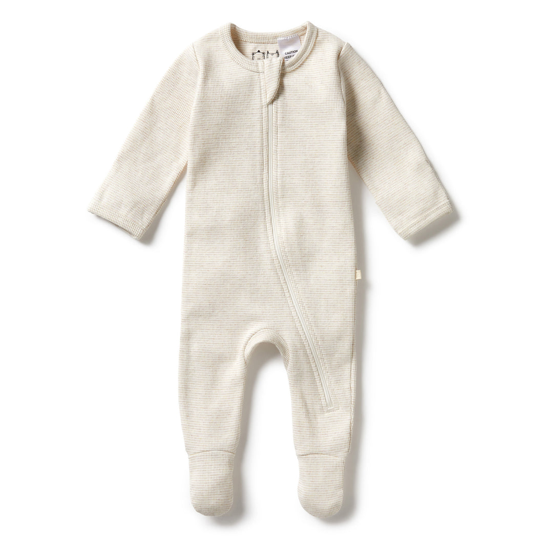 Organic Stripe Rib Zipsuit with Feet - Oatmeal