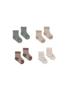 printed socks, set of 4 | latte stripe, stars, dots, sienna+sky stripe