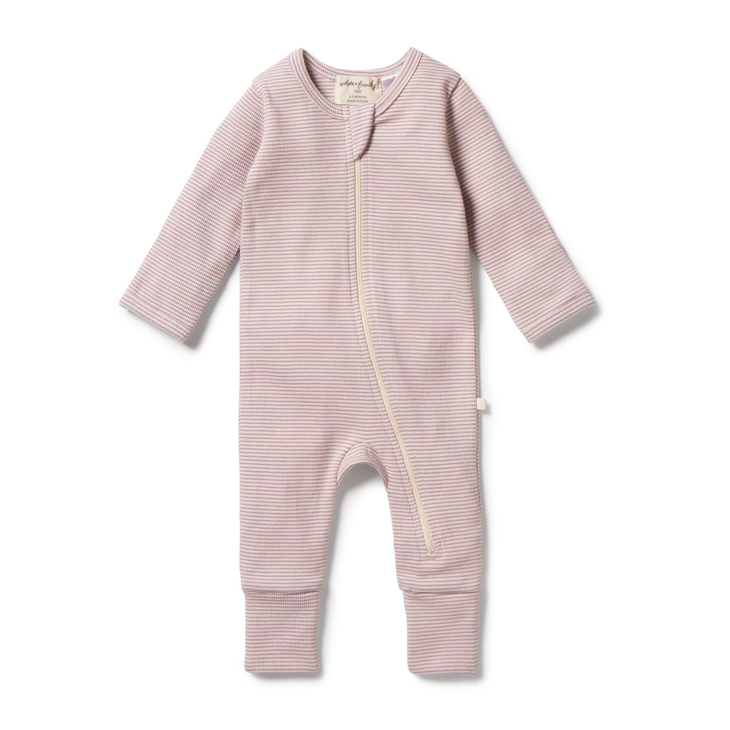 Organic Stripe Rib Zipsuit with Feet - Plum