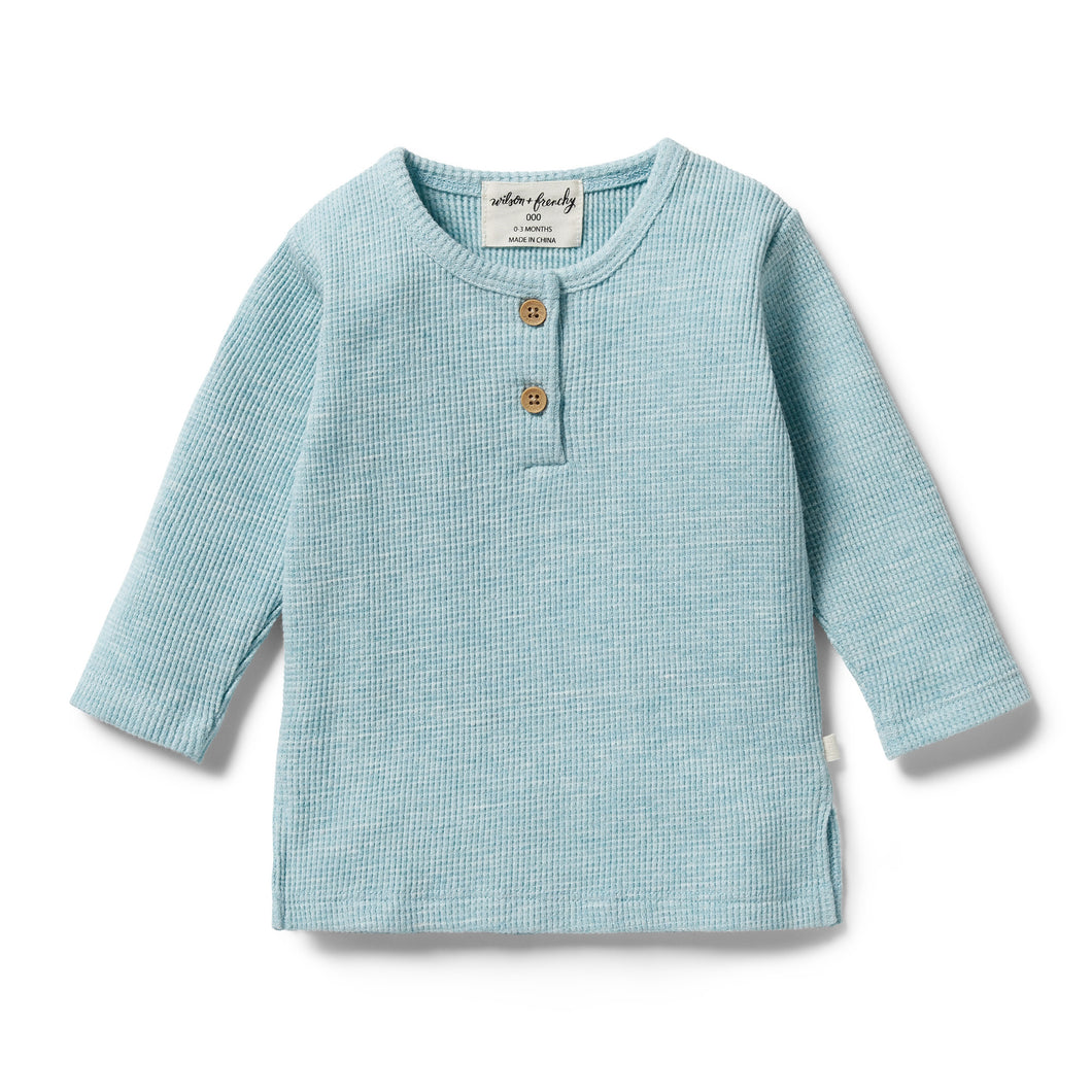 Organic Waffle Henley Top - Mint Fleck