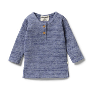 Organic Waffle Henley Top - Blue Fleck