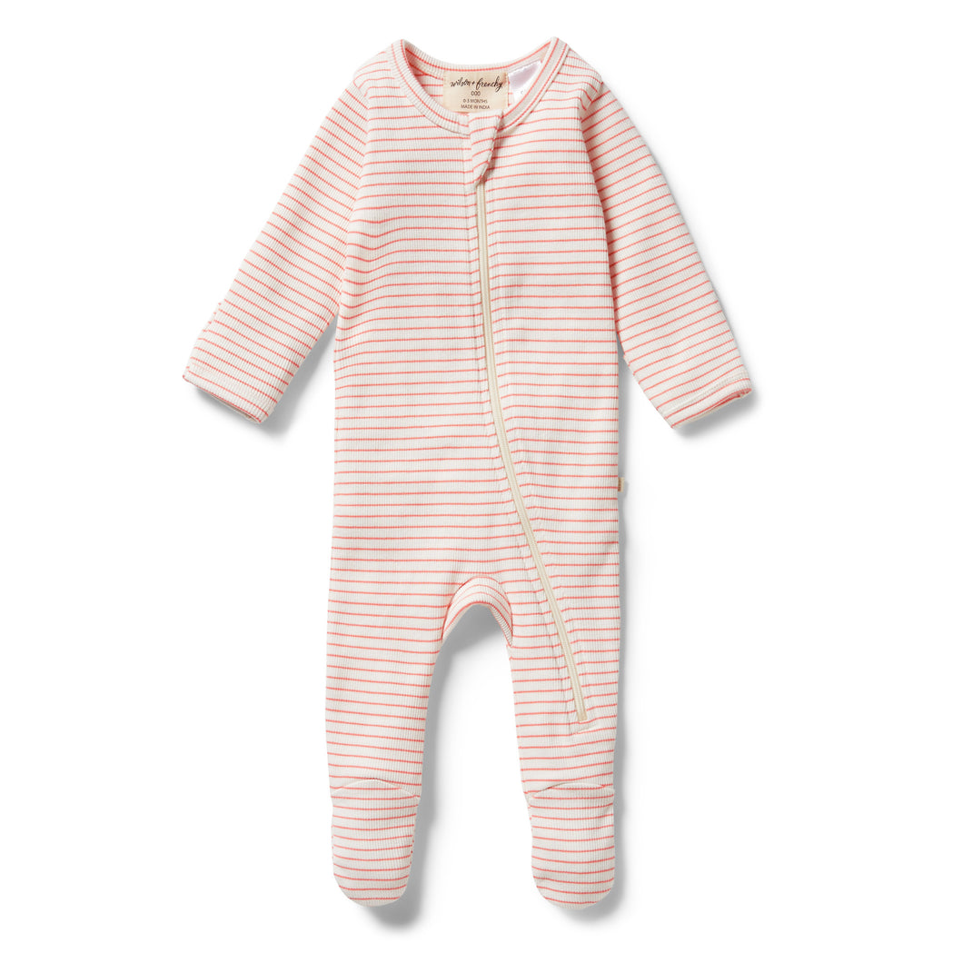 Organic Stripe Rib Zipsuit - Coral